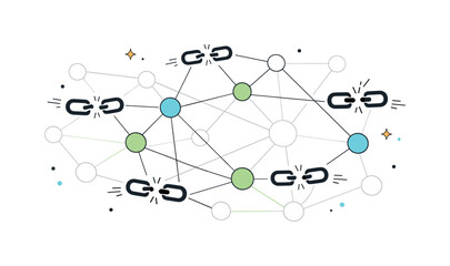 Dead links network. A digital web of connection lines with several broken chain icons and faded nodes, expressing disrupted access and lost