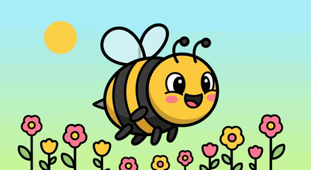 Fototapeta premium Cute Cartoon Bee Flying Flowers.