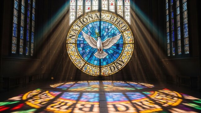 Stunning stained glass window depicting a dove for national bird day illuminated by sun rays in a church