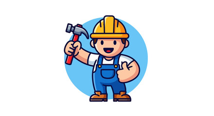 Cartoon Builder Holding Hammer Tool.