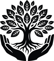 Minimalist black and white vector illustration of a stylized tree of life with sprawling roots being cradled by two cupped human hands symbolizing environmental protection. © Saminur