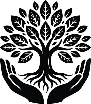 Minimalist black and white vector illustration of a stylized tree of life with sprawling roots being cradled by two cupped human hands symbolizing environmental protection.