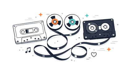 Vintage Cassette Art. Cassette and tape spools. Flat lay with opened cassette and exposed magnetic tape spiraling softly, suggesting music flow and vintage