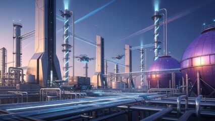 Obraz premium Futuristic industrial complex with towers and infrastructure against a blue sky