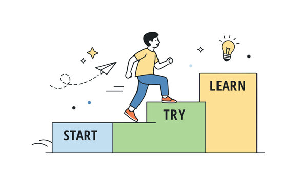 Progress over perfection mindset. A calm editorial scene with a person climbing simple steps labeled start, try, learn, symbolizing gradual