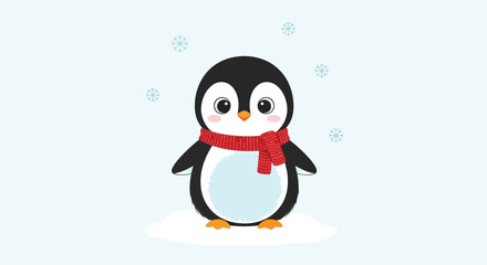 Cartoon Penguin Wearing Red Scarf Winter. © Kawa