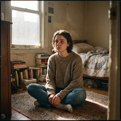 Obraz premium Crying young person in messy morning studio apartment