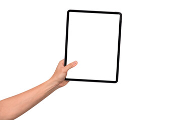 Hand holding modern tablet mockup with blank screen isolated on transparent background. Tablet PC with empty display for copy space.