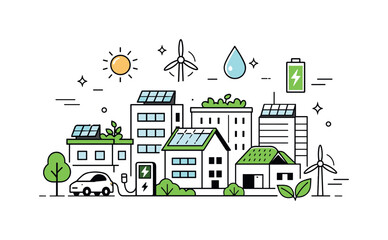 Naklejka premium Green urban infrastructure. Buildings with solar panels, green roofs, and energy icons floating nearby. Sustainable planning, clean future