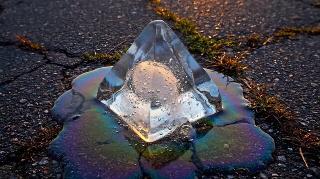 Transparent Crystal Pyramid on Wet Asphalt in Colorful Rainbow Aura