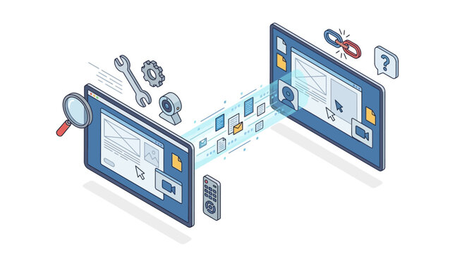 Isometric Contact Center SaaS Illustration with Data Transfer and Customer Support Icons, Blue Corporate Software Interface for Digital Transformation and Remote IT Help Desk Solutions