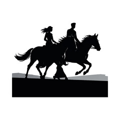 Fototapeta premium Silhouetted couple riding horse together in dynamic motion