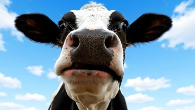 Close-up of a cow's face, with tongue out. The blue sky background has clouds