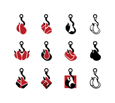 Meat department. Icon set. Set Logo of meat department: hanging meat hook. harmonious logo variations of the same emblematic concept, each