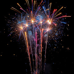 Colorful fireworks explosion isolated on black background with glittering sparks and light trails. Festive celebration overlay texture for New Year or party events