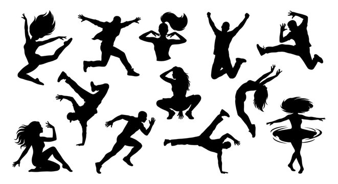 Set of people dancing and moving in dynamic poses