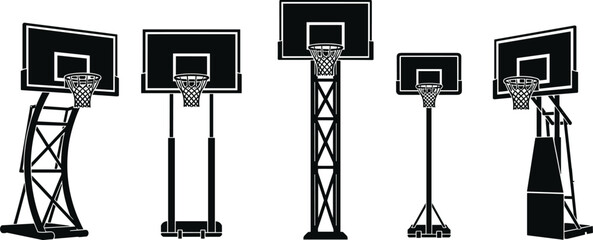 Basketball hoop set silhouette, CAD drawing flat vector illustration featuring portable and professional backboard systems sports equipment collection © Mostafizar