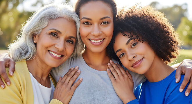 Three generations of women smiling and embracing each other outdoors