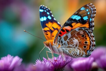 Obraz premium Vibrant Painted Lady Butterfly Perched on Purple Aster Flower in Soft Focus Garden