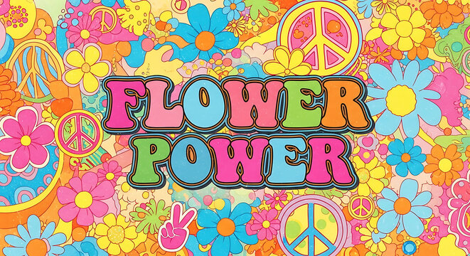A vibrant and colorful illustration of the phrase Flower Power surrounded by flowers and peace signs