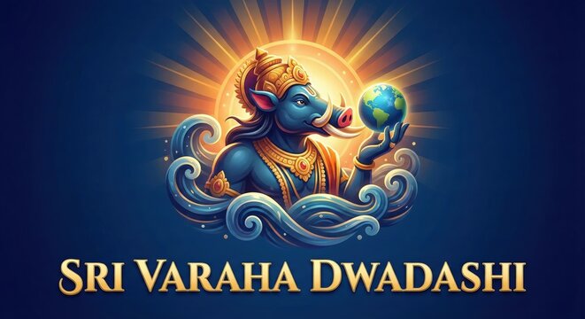 Of Varaha, the boar avatar of Vishnu, holding the Earth amidst cosmic waves and a radiant sun, representing Sri Varaha Dwadashi