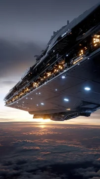 Underside view of gigantic orbital data center spaceship glowing with server lights