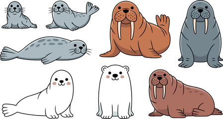 Cartoon Arctic Marine Mammals Collection Seal Walrus Polar Bear Vector © Honey!