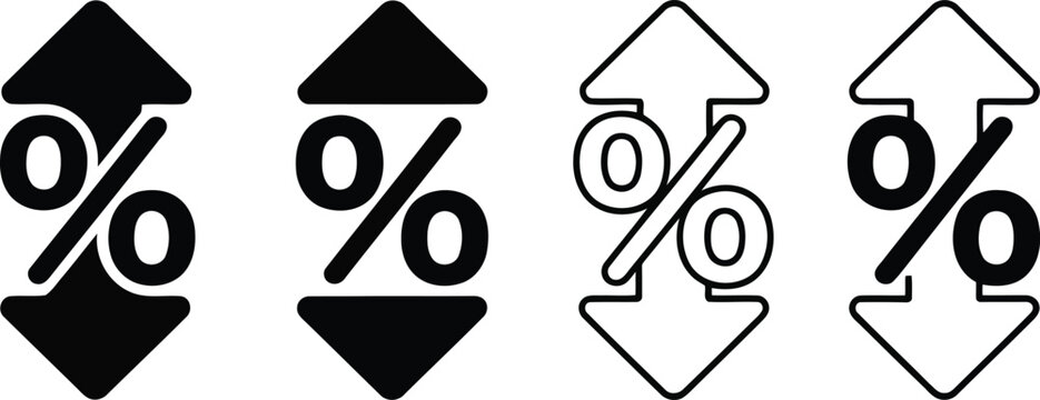 Four icons showing a percentage sign combined with up and down arrows for financial trends