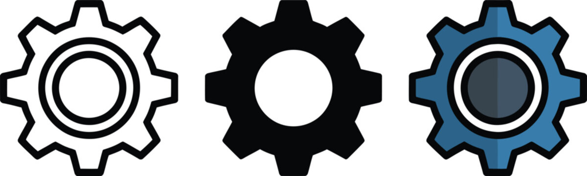 Three different style gears representing industry and mechanical engineering concepts isolated on transparent background