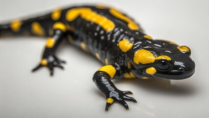 Obraz premium Bright yellow and black fire salamander on a white surface, showing its vibrant, spotted skin pattern.