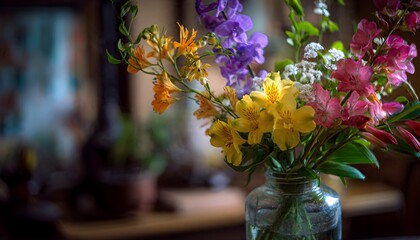 Colorful Flowers in Glass Vase on Table, Shallow Focus, Indoor Setting