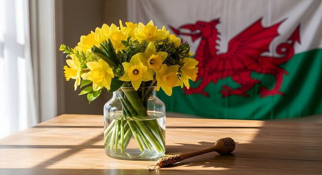 David's day celebration with daffodils and welsh flag