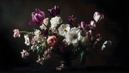 Vibrant Tulips and Roses Bouquet in Dark Brown Vase on Black Background, Moody Low-Key Photography
