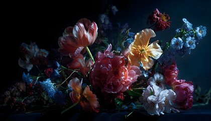 Middle-aged Woman and Young Man Arranging Flowers on Kitchen Counter, Indoor Photography