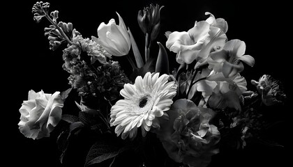 Vibrant Flower Arrangement on Dark Wooden Table, Moody Low-Key Photography