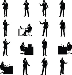 Business Communication Silhouettes: Professionals on Mobile Phones and Working at Desks