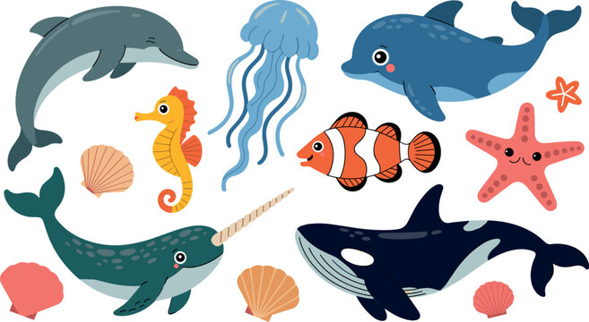 Cute cartoon marine life vector collection with dolphins narwhal orca clownfish seahorse jellyfish and starfish for nursery decor.