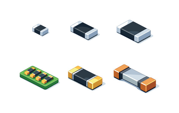 SMD resistors. Isometric flat vector icons set of SMD resistors: chip resistor , chip resistor , chip resistor , chip resistor , resistor