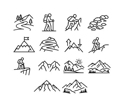 Mountain hiking. Line icon set of Mountain hiking: mountain trail, hiker silhouette, steep ascent, rocky path, summit flag, switchback trail,