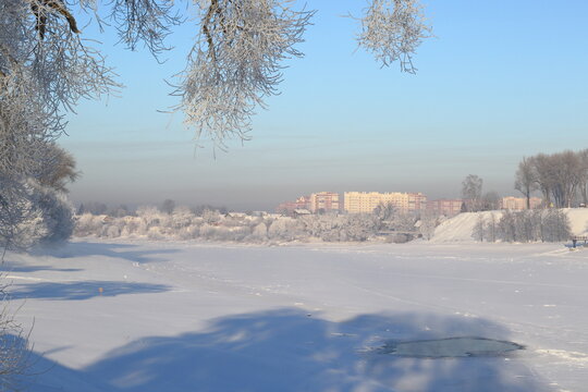 The Aerodrome ( Airport ) microdistrict in Polotsk on the other bank of the frozen Western Dvina River on a frosty winter day. Belarus.