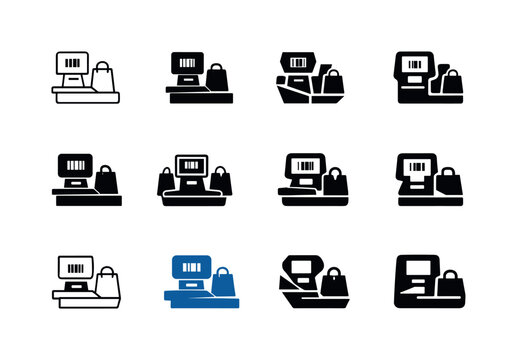 Self-checkout. Icon set. Set Logo of self-checkout: barcode scanner terminal. harmonious logo variations of the same emblematic concept, each