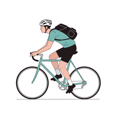 Naklejka premium Cyclist with Backpack Riding Bicycle, Wearing Helmet and Glasses - Vector Illustration