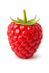 A vibrant red raspberry with green leaves on a white background