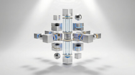 Obraz premium Modern metallic 3D structure with glowing blue lines and cubes