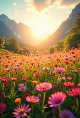 Fototapeta premium Colorful Spring Flower Meadow Bursting with Life Bright Sunny Day Joyful Nature Scene