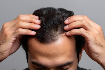 Fototapeta premium Close-up of a man’s head, showing visible hair loss and receding hairline. He is touching his head with both hands, expressing worry or stress related to balding.hair loss, stress, thinning hair