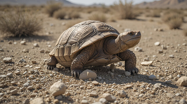 Ancient Gopherus Agassizii: An Endangered Desert Tortoise Amidst the Mojave Desert Landscape Near Baker, California