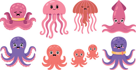 Cute cartoon octopus and jellyfish vector collection with various pink and purple sea creatures for children ocean designs. © Honey!