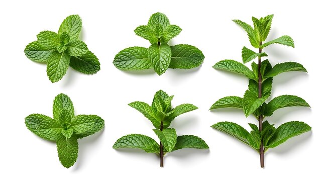 Fresh mint leaves in various stages of growth isolated on white background