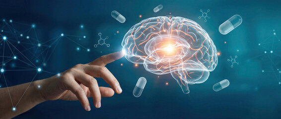 Human hand reaching toward digital brain illustration with glowing neural connections concept